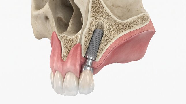 Maxillary dental implant surgically placed within the upper jawbone and gum tissue