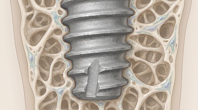 Close-up illustration of dental implant osseointegration within bone tissue