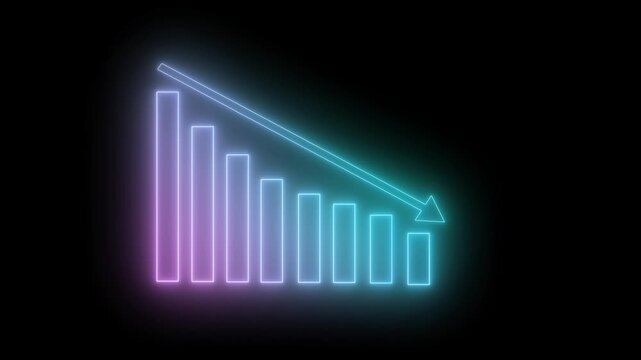Glowing neon-style bar chart with descending bars and a downward arrow animation on black background