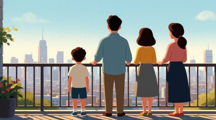 Obraz premium Family with two children stands on balcony, looks at big city skyline. Parents, kids watch tall buildings during sunny day. People enjoy urban view from terrace of residential apartment at bright