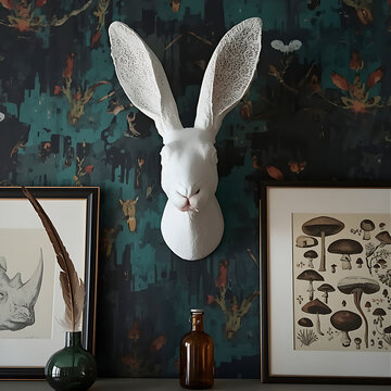 White rabbit head wall sculpture. Modern animal decor for interior design styling.