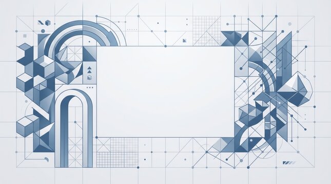 Abstract architectural background featuring technical drawing elements geometric shapes and blue structural blueprints with a central empty space for your custom text or design