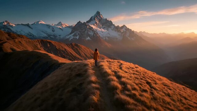 A vivid landscape photograph captures a solitary figure standing atop a grassy hill, gazing at a majestic mountain range. The sky is painted with hues of orange, pink, and blue, indicating either.