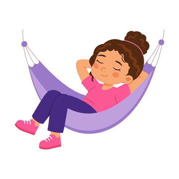 Flat illustration of a relaxed girl resting comfortably in a hammock.