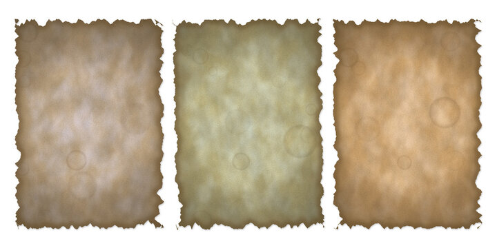 Set of three vintage parchment paper textures with torn edges isolated on transparent background