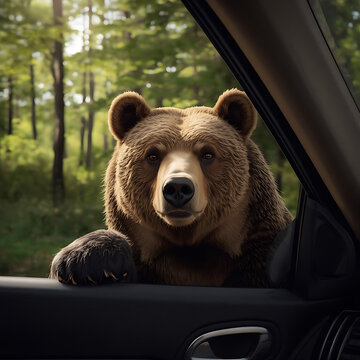 Brown bear looking through a car window. Wild animal encounter in a forest setting.