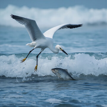 Little egret hunting fish in ocean waves. Wild bird catching prey in the sea.