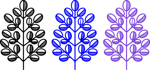 Fototapeta premium Set of three stylized branch icons in black, blue, and purple colors with geometric leaf patterns for modern design