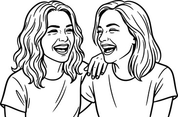 Two cheerful women laughing together in a minimalist black and white line art illustration