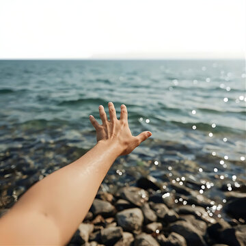 Hand reaching towards the ocean. Person touching water at a rocky beach shore.
