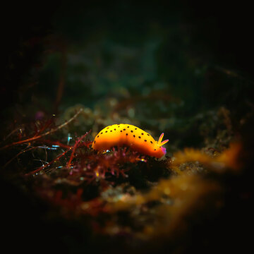Yellow nudibranch on the ocean floor. Small sea slug crawling on coral reef underwater.