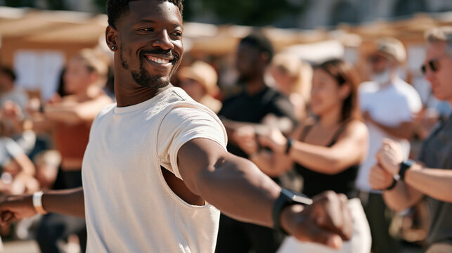 Dance instructor leading a multicultural group of students in a vibrant market square, participants of varied backgrounds rehearsing synchronized movement as a family protection concept unfolds thro