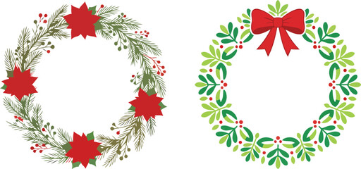 Set of two christmas wreaths with poinsettia flowers and red bow, festive holiday decorations for greeting cards and seasonal designs © InspireStock