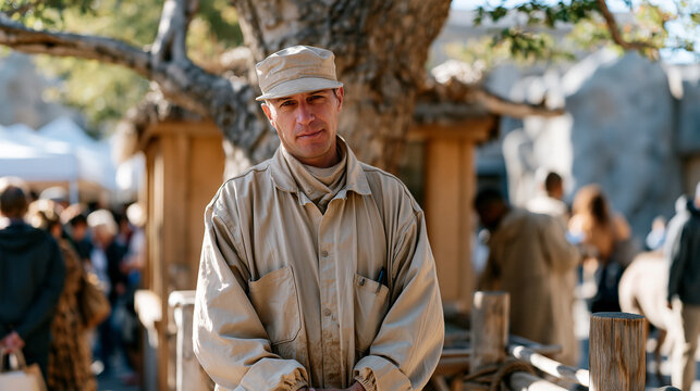 Zoo keeper in khaki uniform working inside a large mixed-habitat enclosure at a busy multicultural visitor market event, colleagues visible nearby, the team managing behavioral