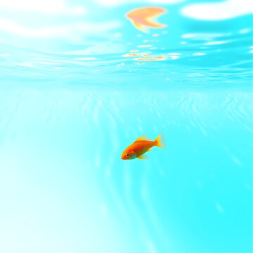 Goldfish swimming in clear blue water. Small orange fish isolated in a bright aquatic setting.