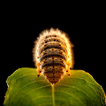 Fuzzy ladybug larva on a green leaf. Macro shot of a small insect isolated on black background.
