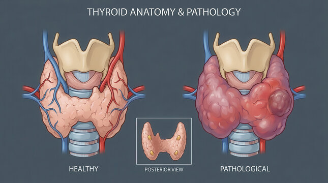 Medical illustration of normal and enlarged thyroid gland anatomy on white background with labeled lobes, trachea and thyroid swelling in detailed clinical style.