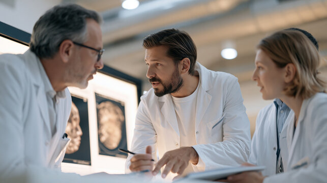 Dermatology clinic treatment team in white coats reviewing a patient case on a lightboard in a large industrial converted hospital facility, group of specialists gathered around magnified skin imagi