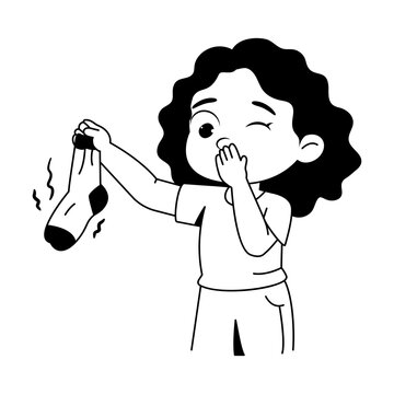 Glyph illustration of a disgusted girl holding a dirty, smelly sock.
