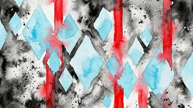Abstract watercolor pattern with blue diamonds and red stripes.
