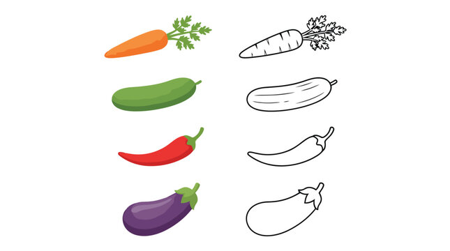Set of colorful vegetables and their black and white line art outlines