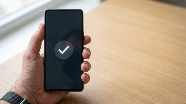 Man's hand holding a smartphone displaying a plain digital wallet payment screen with a checkmark icon. Cyber Monday e-commerce photo for fintech and mobile payment marketing.