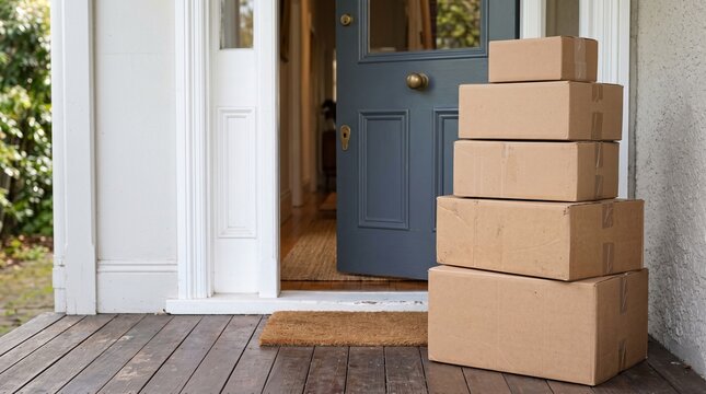 Several plain cardboard delivery boxes of different sizes stacked neatly at a home doorway in natural morning light. Cyber Monday e-commerce photo for delivery and logistics marketing.