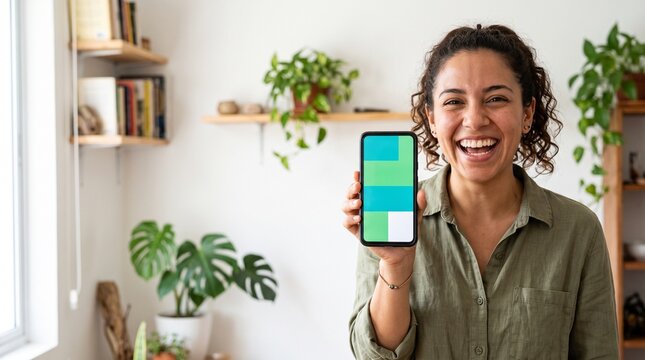 Woman holding up a smartphone showing a plain colored discount layout on screen with an excited expression. Cyber Monday e-commerce photo for retail app brand marketing.