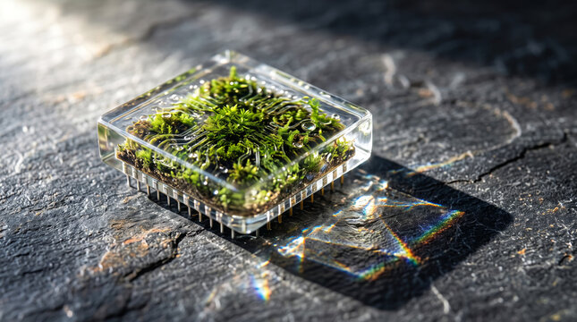 Surreal concept shot of a clear glass microchip on dark slate with a vibrant green moss ecosystem embedded inside, lit by soft daylight.