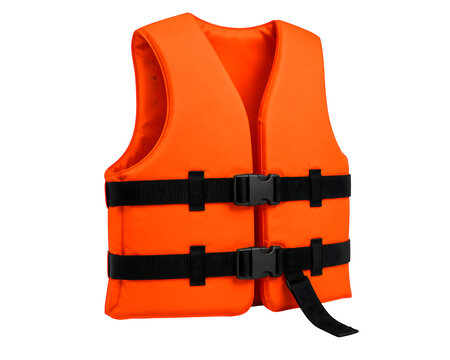 Orange life jacket with black buckles, safety vest for boating, nautical rescue gear isolated on Transparent Background