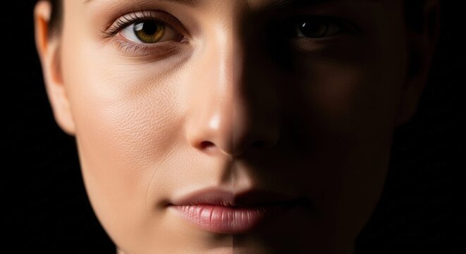 dramatic close-up portrait of a woman's face split between light and deep shadow symbolizing dual personality and inner struggle