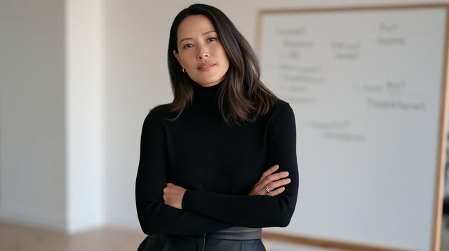 Executive coach stands alone in a minimalist photography studio, confident posture and direct gaze, a whiteboard of pivot frameworks visible in background, strong natural side lighting carving shado