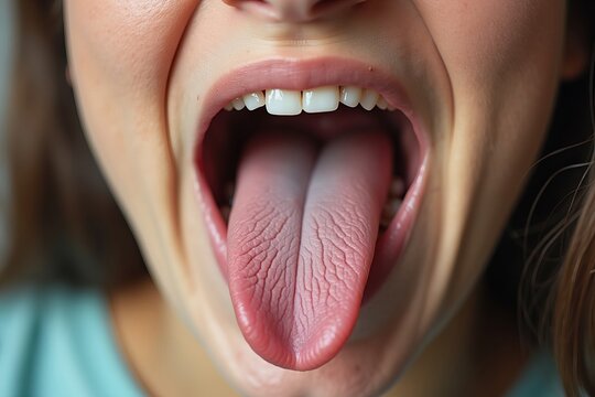 Extreme Close-Up of Woman's Tongue with Oral Candidiasis Showing Severe Dryness and Cracking