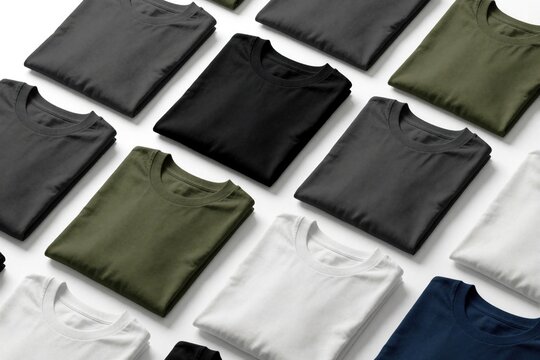 Neatly folded t-shirts in various solid colors are arranged on a clean white surface. This collection of apparel features basic, versatile tees ready for any design or branding.