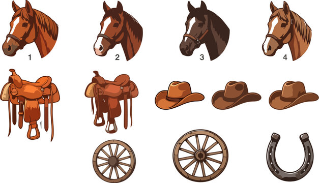 Western cowboy set with horse heads, saddles, hats, wagon wheels and horseshoe