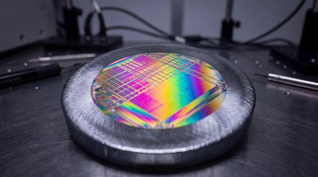 Close-up view of a high-tech silicon wafer showing intricate integrated circuitry patterns with vibrant iridescent diffraction effects on a metal laboratory workspace