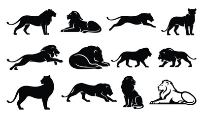 Fototapeta premium Maneless Lion Silhouette Vector Set, African Lioness Wildlife Mascot Logo Icons and Poses Collection