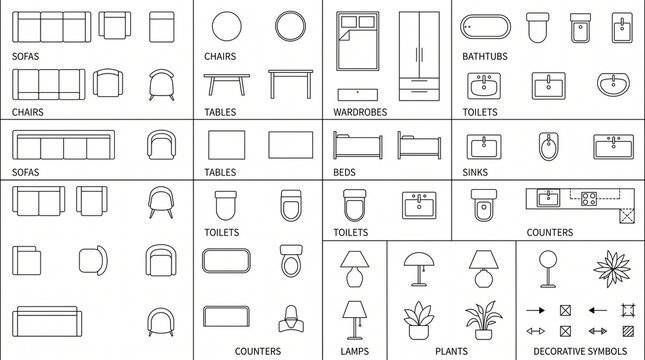 Floor plan furniture icons: sofas, chairs, tables, wardrobes, bathtubs, sinks, beds, toilets, counters, lamps, plants, decor &mdash; interior design symbols.