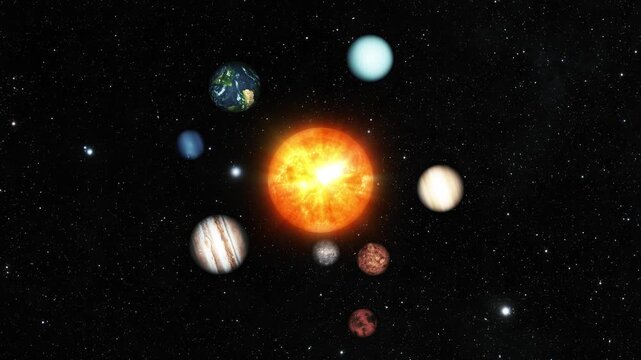 Animation of the solar system with the bright sun in space, surrounded by planets against a dark starry background