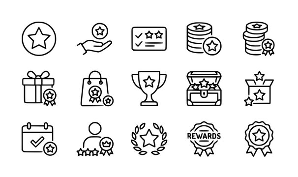 Monochrome rewards points outline icon set with loyalty program bonus vector elements on white background