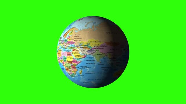 3D Rotating Earth Globe with Map Labels on Green Screen Chroma Key Background