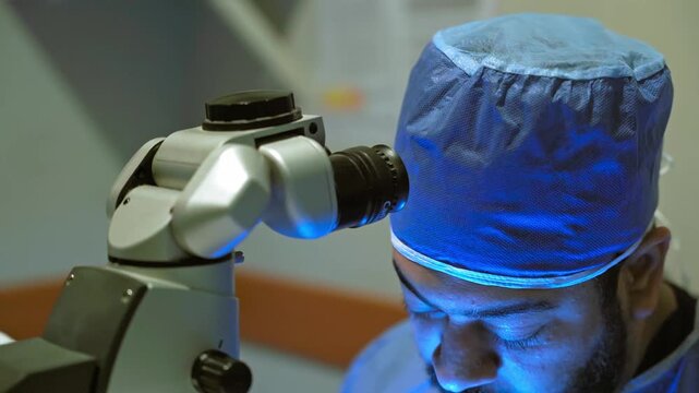 Laser vision correction. A patient and team of surgeons in the operating room during ophthalmic surgery. Eyelid speculum. Lasik treatment. Patient under sterile.Repositioning of the lasik corneal flap