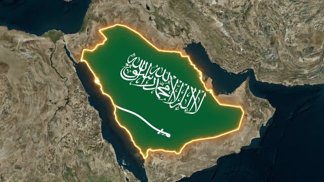 Saudi Arabia Map Highlighted with Saudi Flag Texture and Glowing Outline Animation