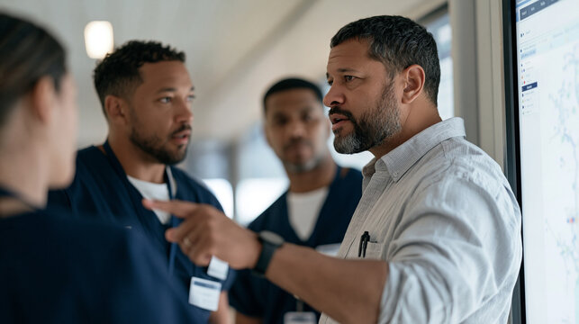 Fleet manager coordinates a hospital vehicle dispatch bay, a group of drivers and logistics coordinators surrounding a scheduling board, a former athlete in the group pointing at a route map with co