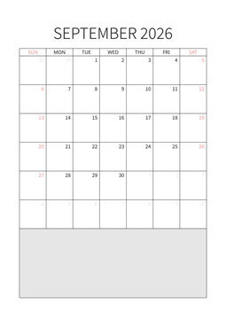 September 2026 English Minimalist Wall Calendar Page Corporate Project Management Layout