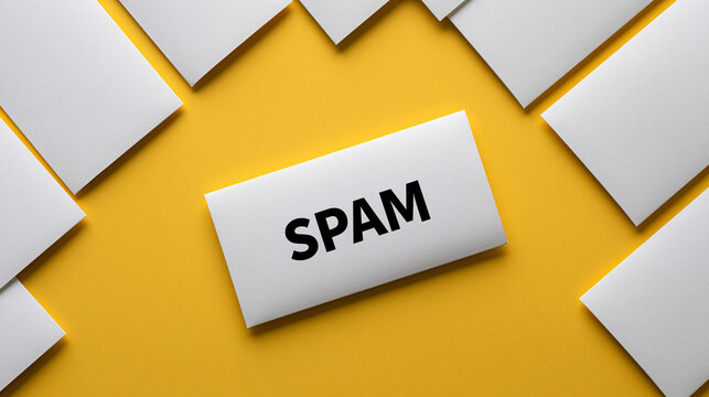 White envelope with SPAM text on yellow background. Junk mail and cybersecurity concept for business marketing.