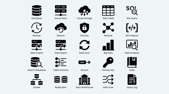 Data management and cloud storage solid icons collection representing database server infrastructure and networking components for modern digital system applications.