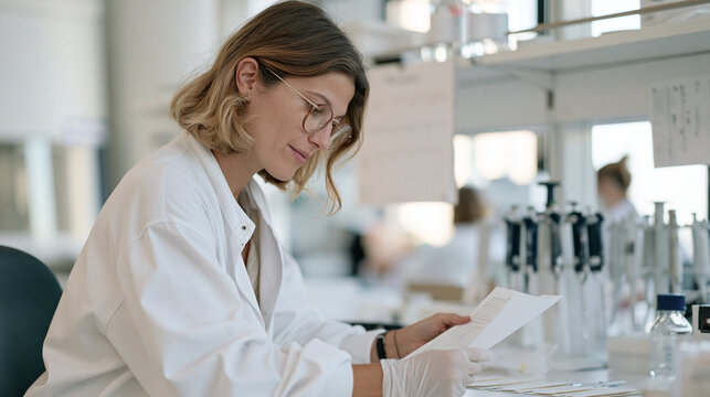Fragrance development chemist in a pristine hospital-adjacent sensory research lab reviewing a content calendar pinned above a workstation lined with pipettes and scent blotter strips, single profes