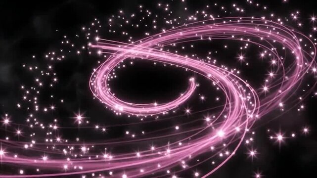 Abstract background with glowing pink light trails and sparkling particles, dynamic motion effect on black background