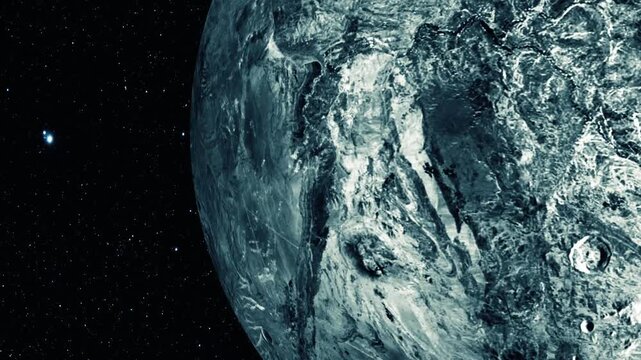 Close view of a rocky planet or moon floating in deep space with stars in the background
